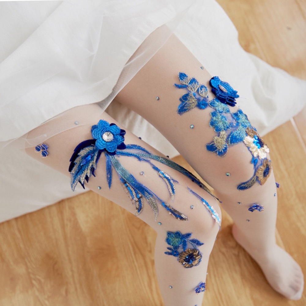 Handmade Sheer Stockings w/ Blue Flowers & Sequins - Picture 1 of 7